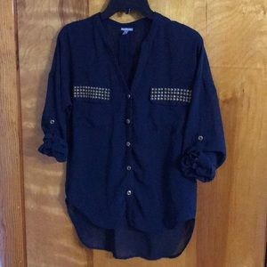 Sheer Button Down Navy Blue Blouse with Pockets